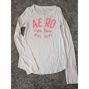 Aeropostale‎ Womens XL White Henley Thermal Long Sleeve Pink AERO Graphic Top
